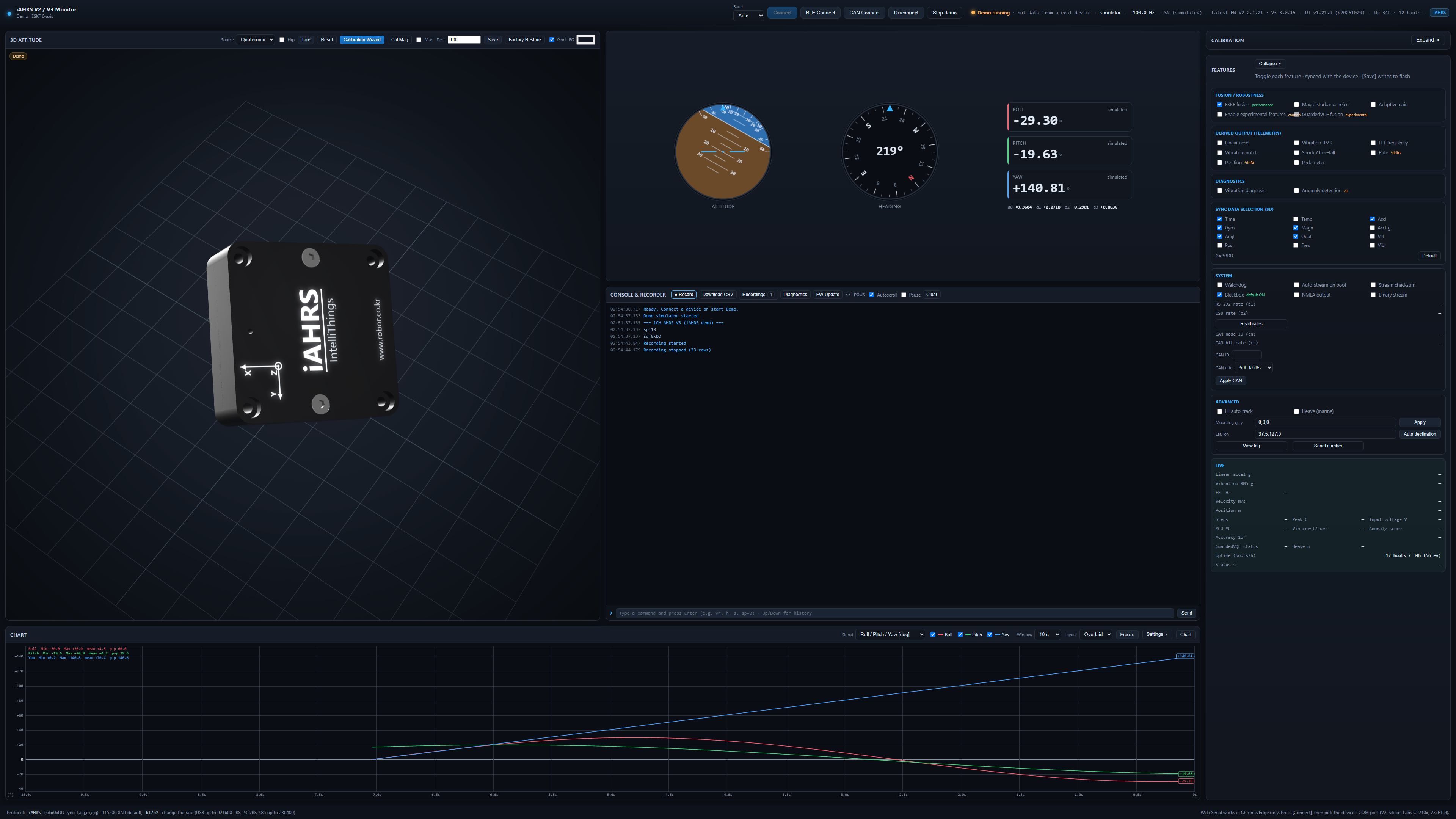 iAHRS Monitor v1.21.0 customer interface with 3D attitude, instruments, graphs and settings. Simulated preview.